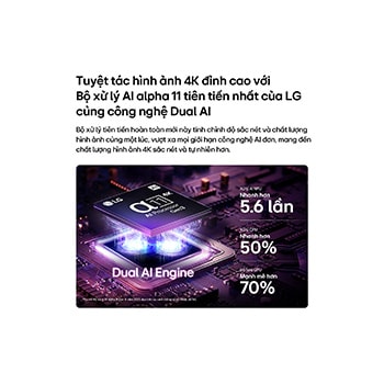 LG OLED evo AI W6 Wallpaper TV’s alpha 11 AI Processor 4K Gen3 glows in purple and blue light on a dark circuit board, highlighting the Dual AI Engine and delivering NPU up to x5.6 faster, CPU 50% faster, and GPU 70% stronger performance.